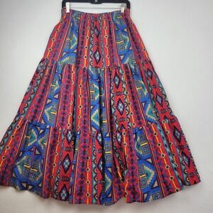 VTG Tiered Maxi Skirt Southwestern Tribal Print Cotton Medium Tarango Full
